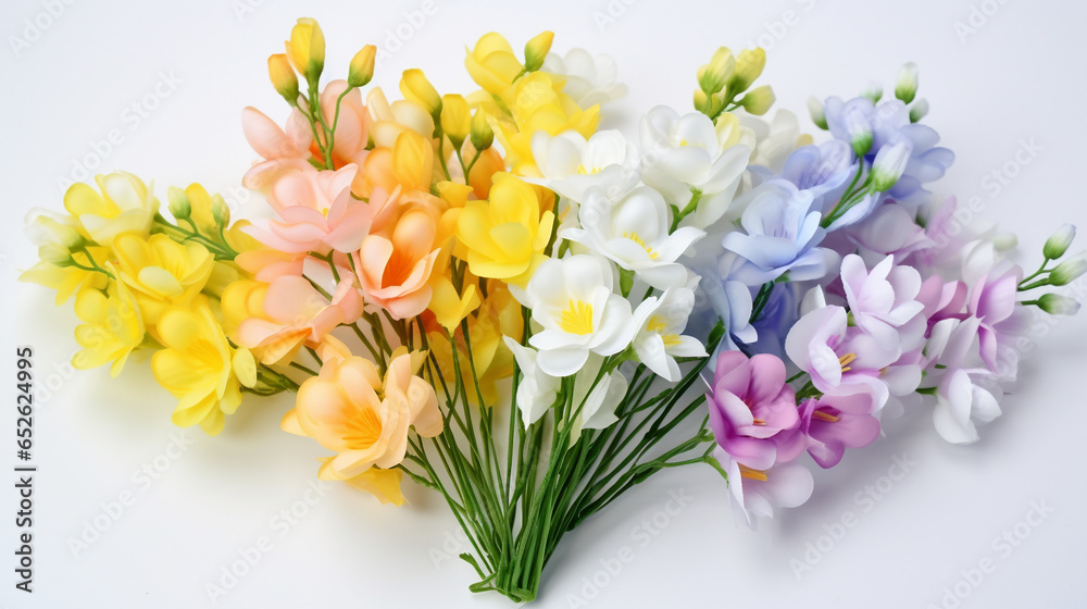 Freesia flowers on neutral background.