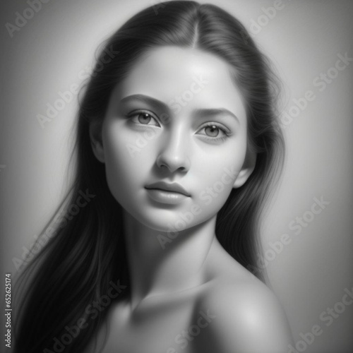 Monochrome detailed graphite pencil drawing, portrait of a beautiful young woman. Generative AI