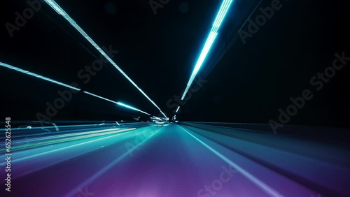 Time Lapse Driving Car On Highway At Dark POV. Hyper Lapse. Street Lights. Night, Camera In Front, Windshield Reference. POV Futuristic Cityscape. Road Trip Travel Concept
