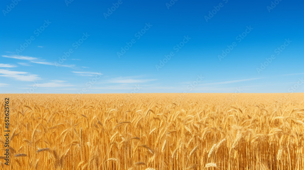 A vast, golden wheat field stretching to the horizon, with a clear blue sky overhead.