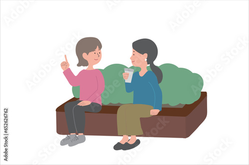 花壇に座って会話をする女性　イラスト