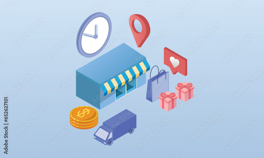 Stores and Transportation Isometric design.on blue background.3D design.isometric vector design Illustration.