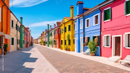 Beautiful Street with Colorful Buildings in Burano Island © BornHappy