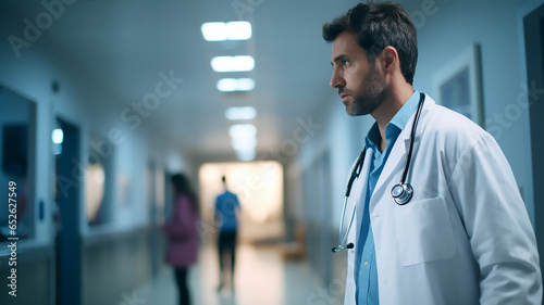 Handsome Doctor in Hospital Corridor Unfocused Background