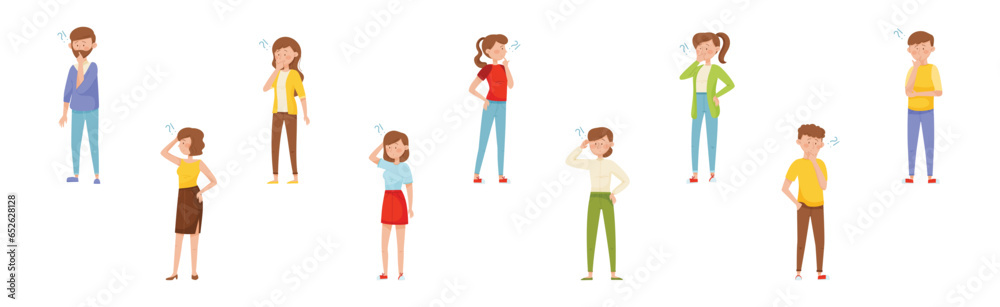 Young Man and Woman Thinking Standing with Puzzled Face and Question Mark Vector Set Young Man and Woman Thinking Standing with Puzzled Face and Question Mark Vector Set