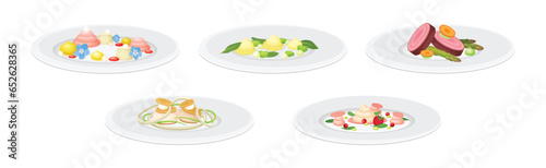 Haute Cuisine or Grande Cuisine with Meticulous Food Serving on Plate Vector Set