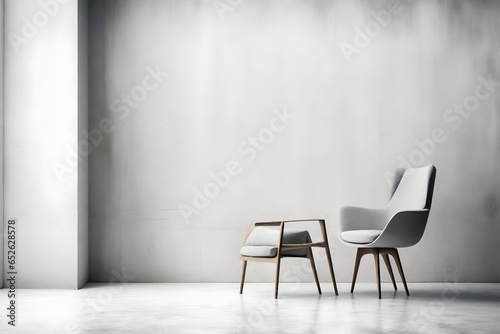 Gray chair in white concrete room. Concept of minimalism