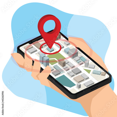 Right Hand holding mobile smart phone show pin to Isometric Location mobile app.