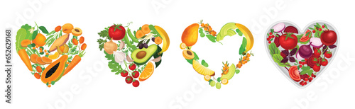 Hearts of Juicy and Bright Vegetables and Fruits Vector Set