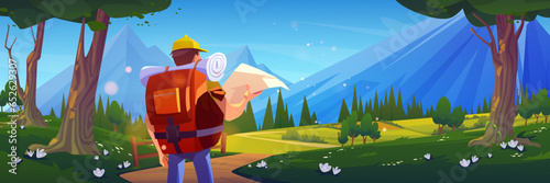 Man tourist with map on journey route to mountain vector illustration. Trekking travel through forest with flowers and hiker character enjoying location. Summer sightseeing for young traveler