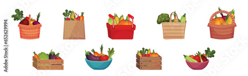 Vegetables in Basket and Bag as Fresh Harvested Crop Vector Set