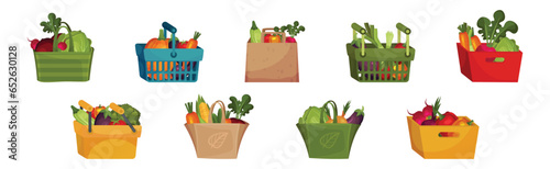 Vegetables in Basket and Bag as Fresh Harvested Crop Vector Set