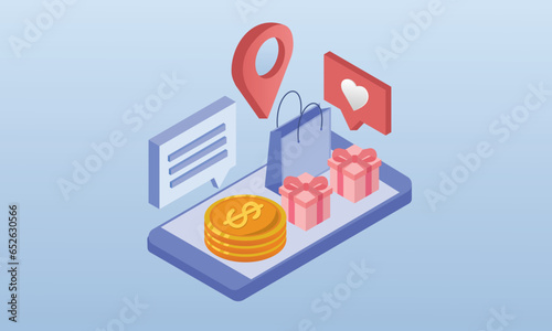 Gift card customer loyalty program banner.on blue background.3D design.isometric vector design Illustration.