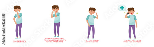 Corona Virus Disease Outbreak with Man Character Suffering from Symptoms and Follow Preventive Measure Vector Set