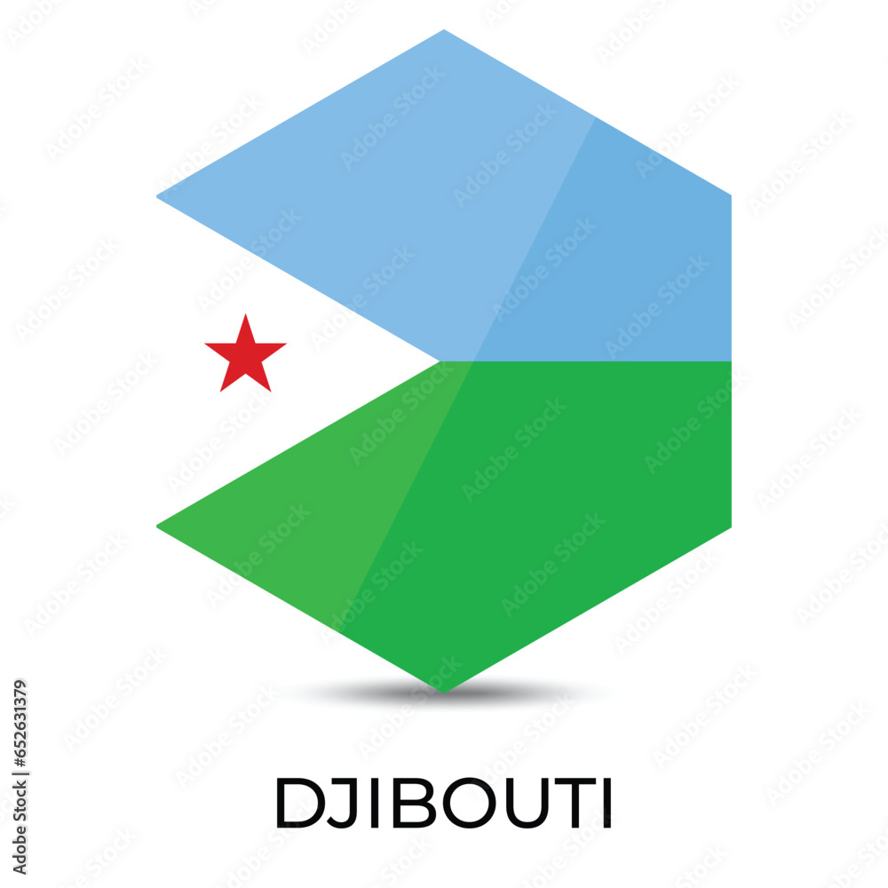 Reflective Flag icon of Djibouti hexongal shape isolated on white background. Reflective Flag icon of Djibouti hexongal shape isolated on white background.