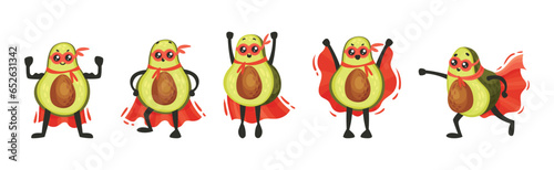 Funny Green Avocado Superhero Character Wearing Red Cloak or Cape and Mask Vector Set