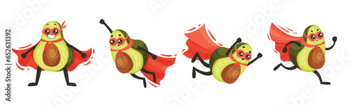 Funny Green Avocado Superhero Character Wearing Red Cloak or Cape and Mask Vector Set