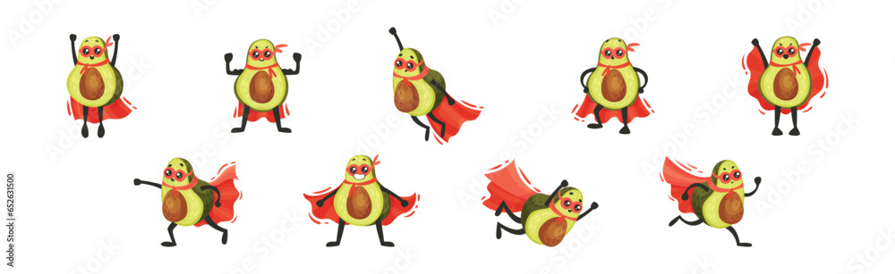 Obraz premium Funny Green Avocado Superhero Character Wearing Red Cloak or Cape and Mask Vector Set