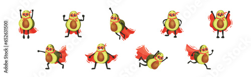 Funny Green Avocado Superhero Character Wearing Red Cloak or Cape and Mask Vector Set