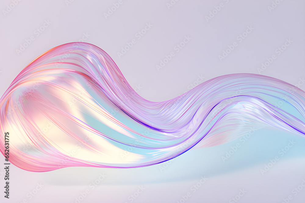 Wavy Glass Shape With Colorful Reflections on Light Background. 3d Rendering Illustration.