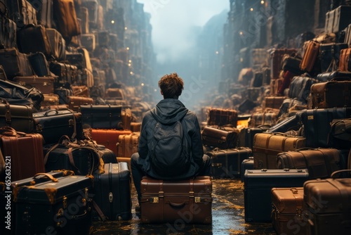 Traveler looking lost in a sea of suitcases, Generative AI 