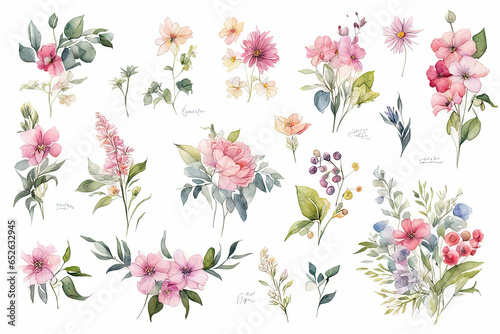 Set watercolor elements of pink roses  a collection of garden flowers  leaves  and branches. Botanic  illustration  eucalyptus  Generative Ai