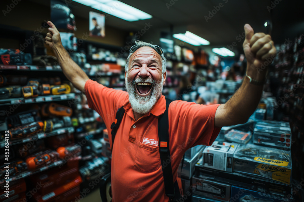 Thrilled man joyously discovering ultimate deals at a topnotch