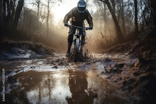 biker in action, mountain biker rides through a puddle on mountain trail