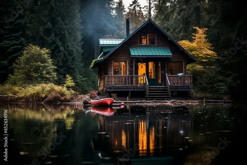 Cabin surrounded by woods and lake  boat afloat. Generative AI