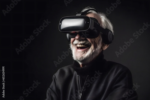  old man with VR glasses on his head