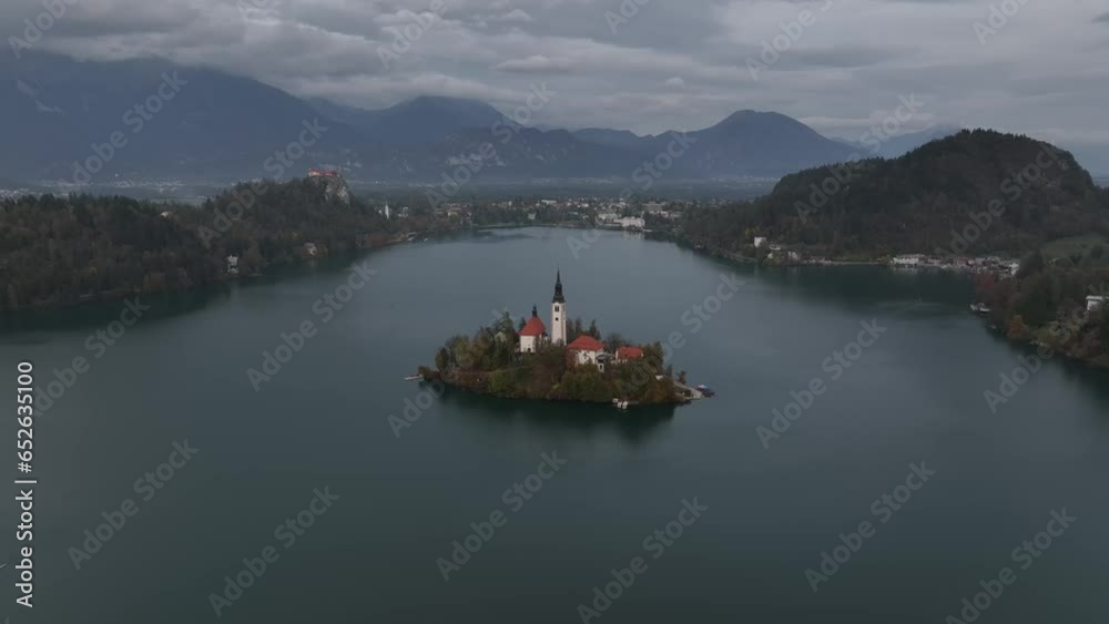 Aerial drone view of famous lake Bled in autumn, Slovenia Aerial drone view of famous lake Bled in autumn, Slovenia