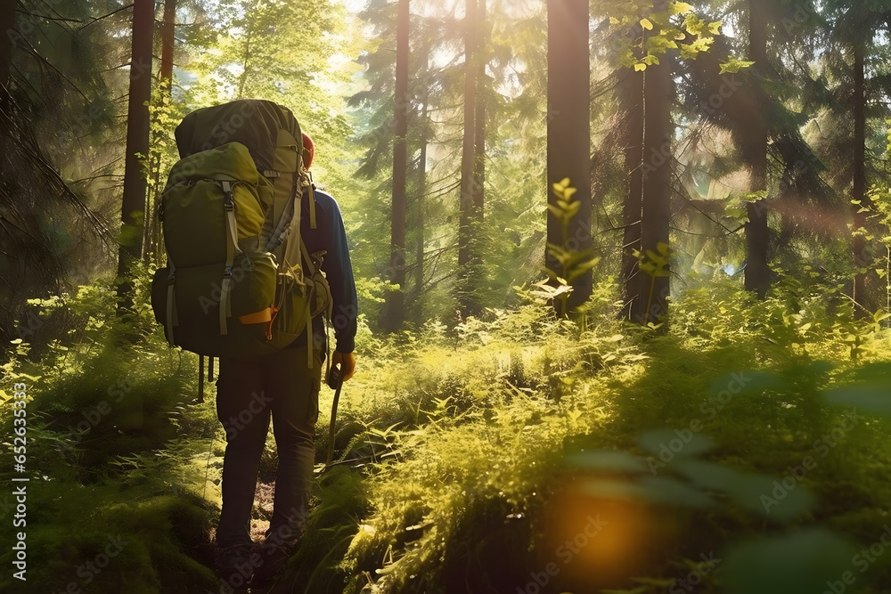 person in the forest, a man with backpack hiking in the green forest
