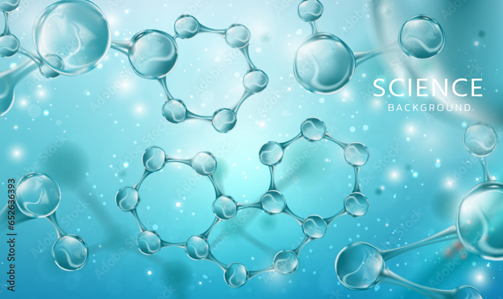 3d glass molecule or atoms on blue background. Science and medical background. Molecular structure. Science cosmetic technology. Biochemical, pharmaceutical, beauty, medical DNA concept. Vector EPS10.