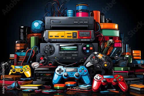 Different vintage retro gaming consoles with joysticks ai generated cartoon art.  © Tsanko