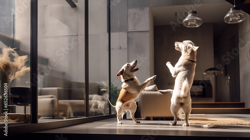 Two dogs play in a modern apartment.