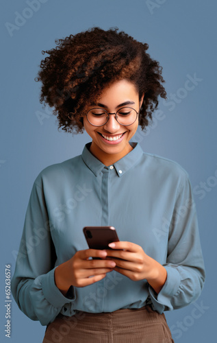 woman of color with curly hair looking at her smartphone with blue background
