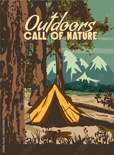 Outdoors Call of Nature poster retro, camping outdoor travel. Tourism hiking summer forest, vector illustration