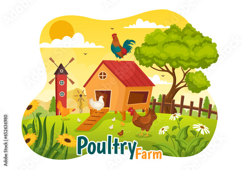 Poultry Farm Vector Illustration with Chickens, Roosters, Straw, Cage and Egg on Scenery of Green Field Background in Flat Cartoon Design