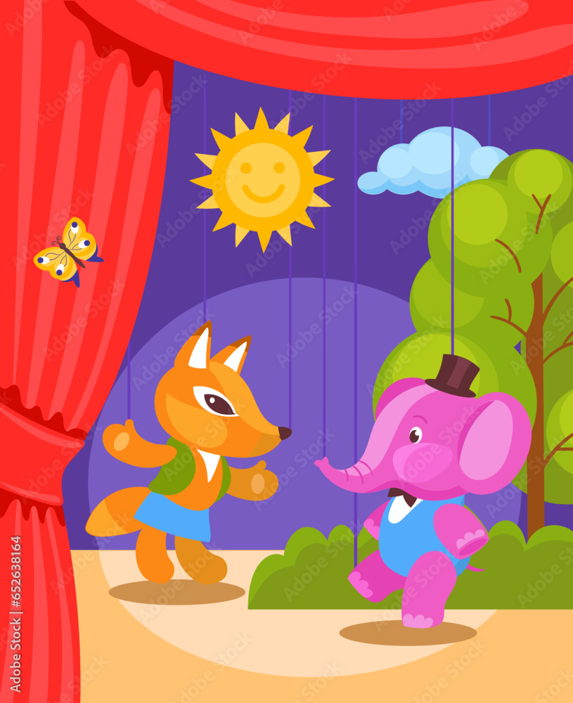 Puppets show scene. Puppetry theatre. dolls. Theatrical