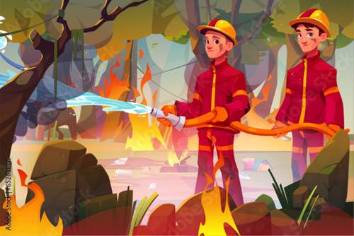 Firemen with hose extinguishing fire in forest. Vector cartoon illustration of two male characters in uniform pouring water at wildfire caused by camp bonfire and garbage left on glade, smoke in air