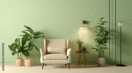 Armchair against a pastel green wall with sconces and flowerpots. The concept of minimalism with plants.