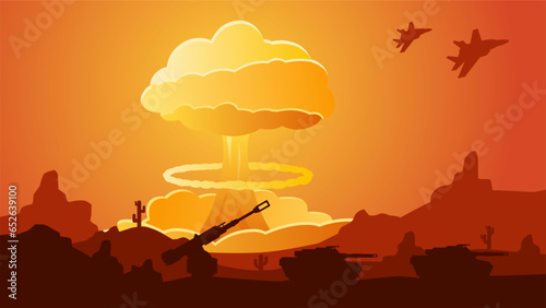 Nuclear war explosion landscape vector illustration. Mushroom cloud from nuclear weapon explosion in military battlefield. Social issue of illegal use nuclear weapon in war