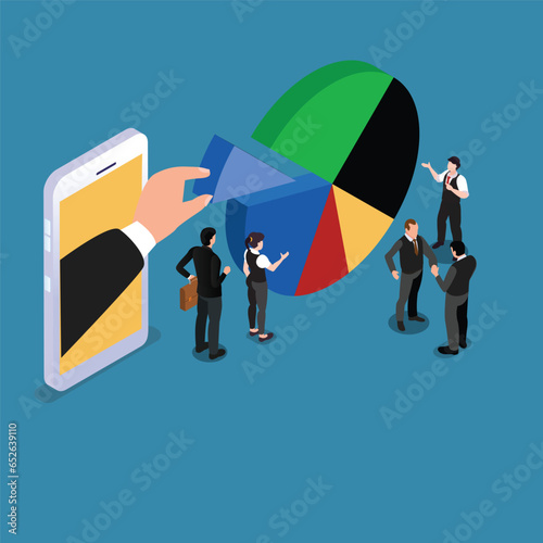 Business people handshaking and getting deal to share commission pie chart portion 3d vector illustration concept for banner, website, illustration, landing page, flyer, etc