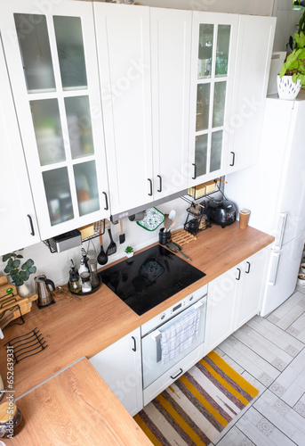 Light white modern rustic kitchen decorated with potted plants, loft-style kitchen utensils. Interior of a house with homeplants photo