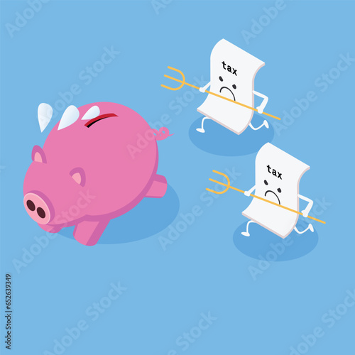 Piggy bank running away from Tax bills 3d vector illustration concept for banner, website, illustration, landing page, flyer, etc