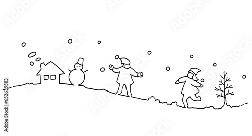 雪合戦をする子ども達と冬の風景線画イラスト
