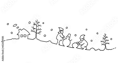 雪だるまを作る子ども達と冬の風景線画イラスト