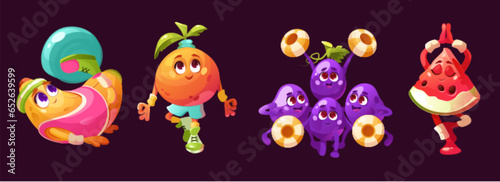 Fruits cartoon characters doing sport exercises and yoga. Vector illustration set of banana with fitness ball, orange and watermelon standing in asana with om hands, grapes cheerleaders dancing.