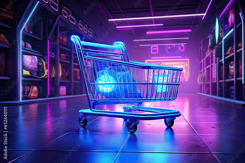 Online shopping extravaganza. Neon lit cyber store. Glowing carts and cyber deals. E commerce awaits. Digital retail revolution. Neon lights of market Online shopping extravaganza. Neon lit cyber store. Glowing carts and cyber deals. E commerce awaits. Digital retail revolution. Neon lights of market