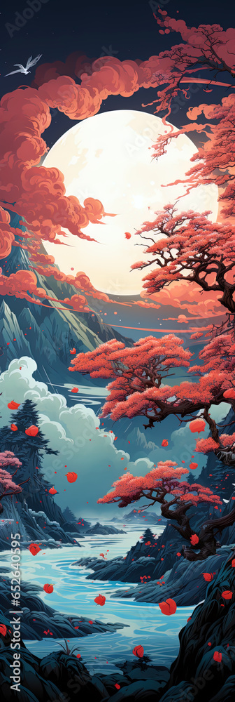 Japanese landscape, in the style of detailed multi-layered compositions, colorful bright bookmark. ai generative art